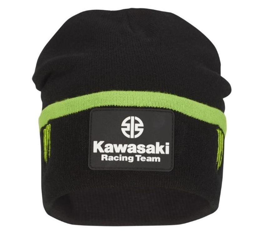 Strikket lue med racing-logoer i Kawasaki WSBK team-farger.
